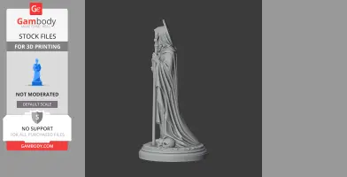 Hooded statue holding a staff, draped robe, and standing on a base with a skull.