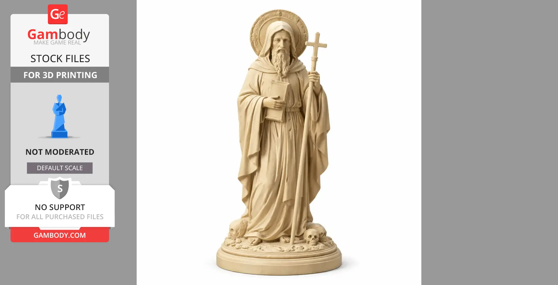 A saintly figure in robes holding a cross and book, with a halo, standing on a base with skulls.