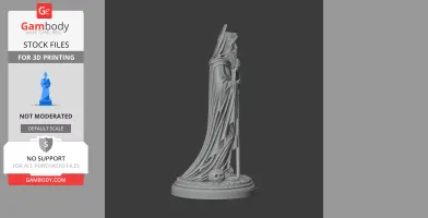 A 3D statue of a hooded figure holding a staff, draped cloak, on a decorated base with a skull.