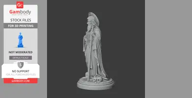 Saint Baradates devotional statue in robes, holding a cross and book, standing on a base with skulls.