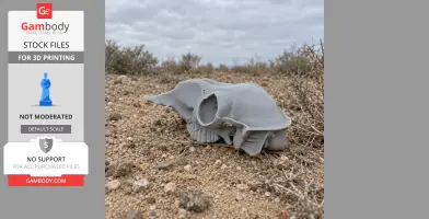 3D printed grey skull replica lying on barren, rocky ground under a cloudy sky.