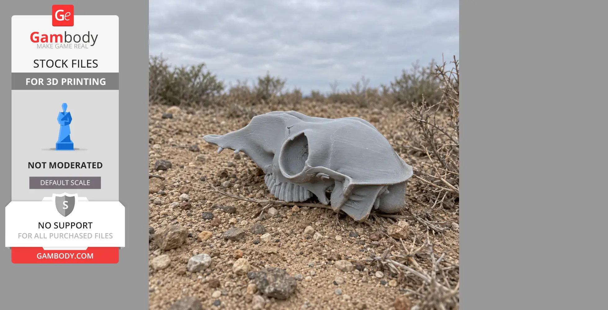 3D printed grey skull replica lying on barren, rocky ground under a cloudy sky.