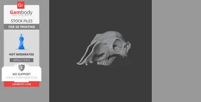 A 3D model of a fantastical skull with elongated features, ready for 3D printing.