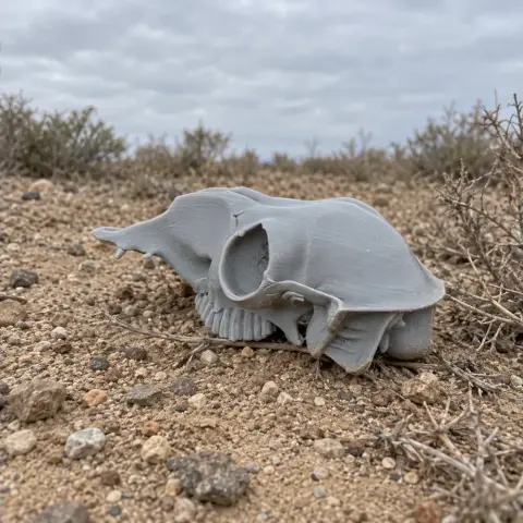 A 3D-printed gray skull replica on a rocky desert ground.