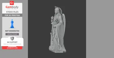 A detailed 3D model of Saint Barbara holding a goblet and flowers, with a tower at her feet.