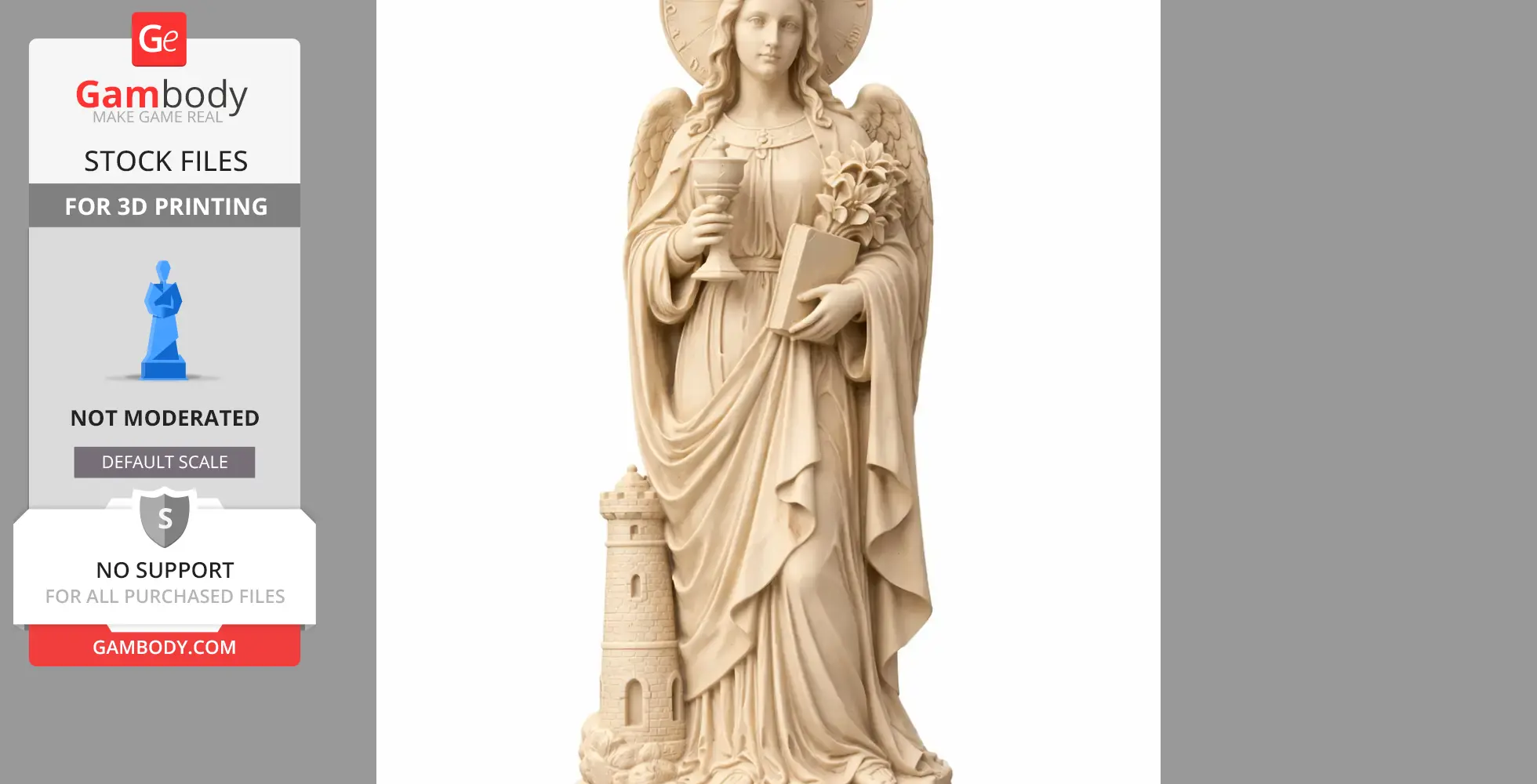 A detailed 3D statue of Saint Barbara holding a chalice and book, with a tower at her side.