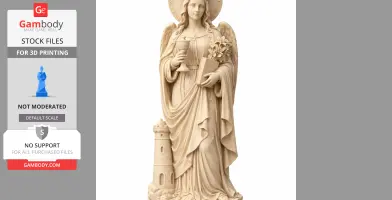 A detailed 3D statue of Saint Barbara holding a chalice and book, with a tower at her side.