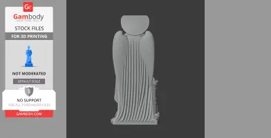 A 3D model of a robed figure with detailed wings and a cylindrical structure at the base.