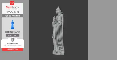 A detailed 3D model of Saint Barbara, depicting her in flowing robes with a headdress, holding a tower.