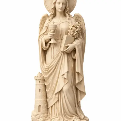 A detailed 3D print model of a Saint Barbara statue holding a chalice and book, with a tower nearby.