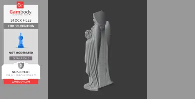 A digital 3D model of Saint Barbara in a hooded robe, holding flowers, designed for 3D printing.