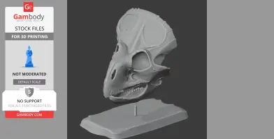 3D-rendered Lamaceratops skull on a display stand, designed for 3D printing.