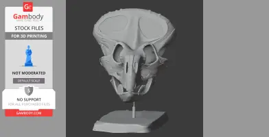3D model of a Lamaceratops skull on a stand, designed for 3D printing.