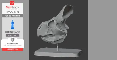 3D model of a Lamaceratops skull on a display stand for 3D printing.