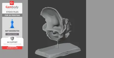 Lamaceratops skull replica on a stand, designed for 3D printing, showcasing detailed skull features.