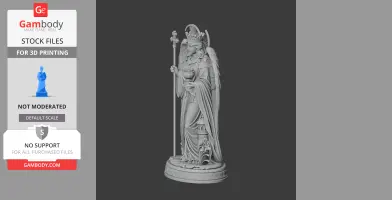 Winged statue of a woman with crown, holding staff and cup, standing on ornate base with flowers.