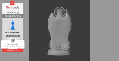 A detailed 3D model of a statue with a halo, wings, and a cross on a circular base.