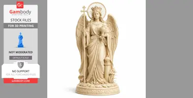 Winged angelic statue holding a cross and chalice, standing on a detailed base with architectural accents.