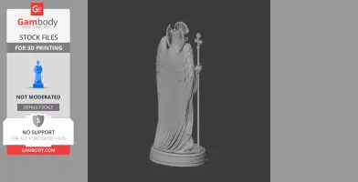 A winged statue with staff, draped cloak, and ornate headpiece on circular base for 3D printing.