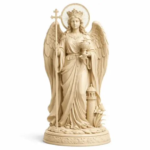 3D model of a winged, robed female figure with a halo, holding a staff and chalice, standing by a tower.