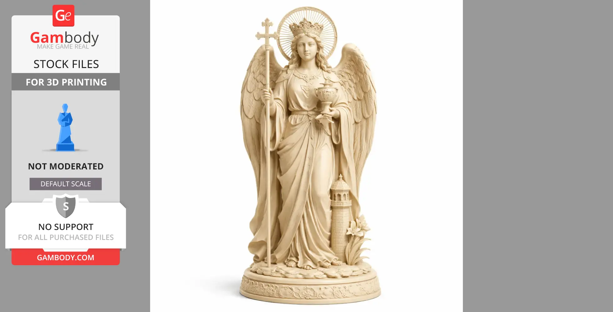 Winged angelic statue holding a cross and chalice, standing on a detailed base with architectural accents.