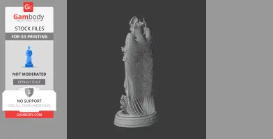 A detailed 3D statue of a robed figure with wings, holding an object, standing on a decorated base.