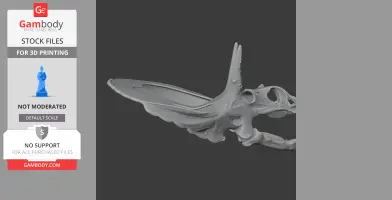 A stylized, winged dinosaur skull model designed for 3D printing, featuring intricate bone details.