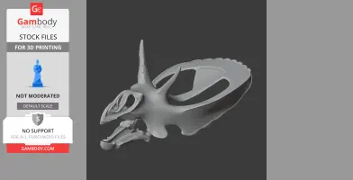 A 3D model of a fictional dinosaur skull, featuring a prominent frill and horn, for 3D printing.