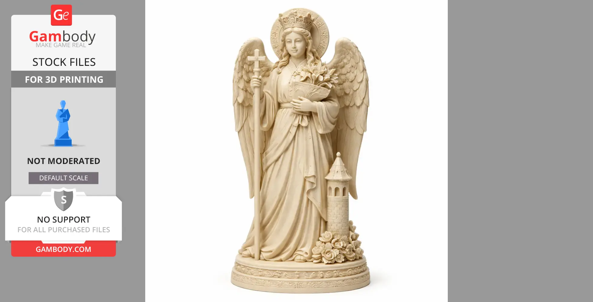 A detailed statue of Saint Barbara with wings, holding a cross and bouquet, standing beside a tower on a decorative base.