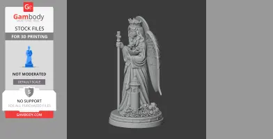 A detailed statue of a crowned figure with wings, holding a staff, adorned with flowers.