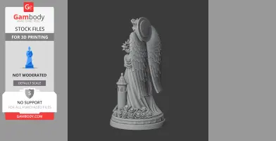 Winged statue with floral base and tower, wearing a halo.