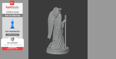 3D model of a robed, winged figure with a halo, holding a staff, standing on a round base with roses.