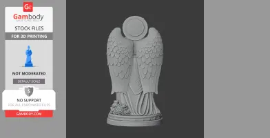 A detailed 3D statue of Saint Barbara with wings and flowing robes, standing on a decorated base.