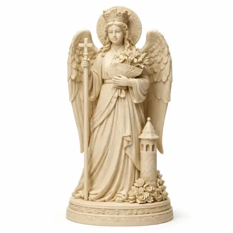 A detailed angelic statue holding a cross and flowers, with wings and a tower at the base.