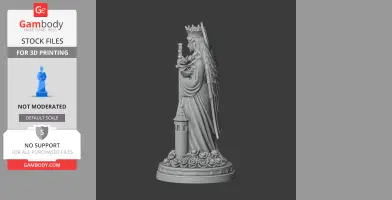 A crowned figure with wings holds a staff and flower, standing on a base with roses and a tower.