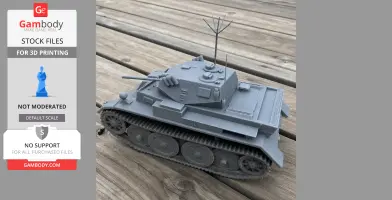 Gray 3D-printed Panzer II Luchs tank model displayed on a wooden surface.