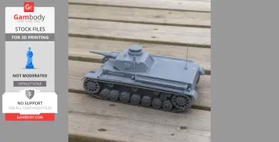 Gray 3D-printed Panzer III tank model on wooden surface.