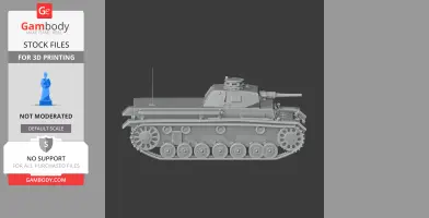 3D model of a Panzer III tank in grayscale, showing detailed tracks and turret, suitable for 3D printing.