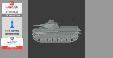 3D model of a Panzer III tank with detailed tracks and turret, suitable for 3D printing.