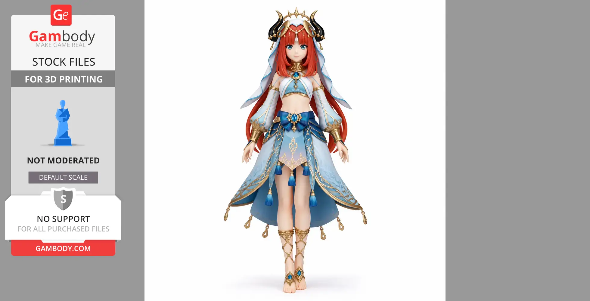 A detailed figure of a character with red hair, intricate blue and gold outfit, and ornate headpiece, for 3D printing.
