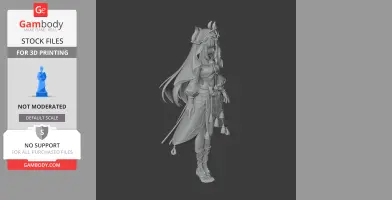 A detailed 3D model of a fantasy character in an elaborate outfit with long hair, designed for 3D printing.