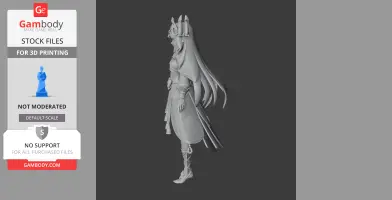 A 3D model of a character with long hair and detailed attire, viewed from the side for 3D printing.