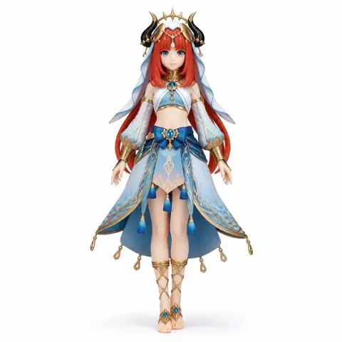 A detailed figurine of a character in ornate blue and gold attire with red hair, inspired by Genshin Impact.