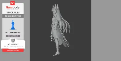 A detailed 3D model of a character in flowing attire with long hair, designed for 3D printing.