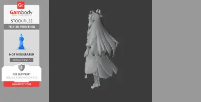 A detailed 3D model of a long-haired character in an ornate outfit, viewed from the side.