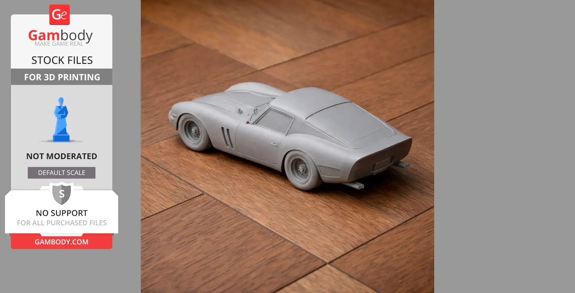 3D printed model of a Ferrari 250 GTO on a wooden surface, rear-side view.
