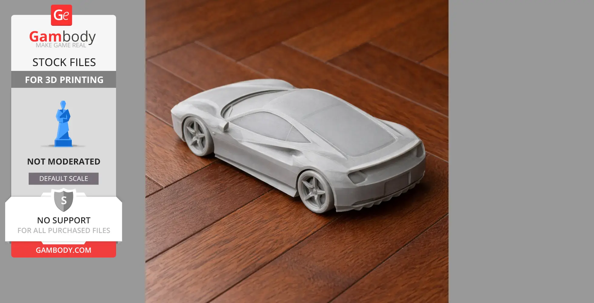 Gray 3D-printed model of a Ferrari 488 GTB on a wooden floor.