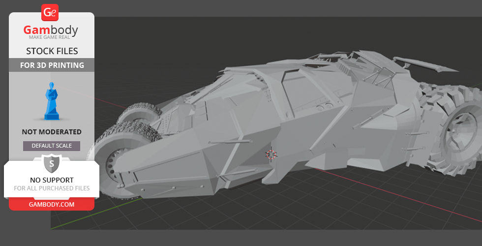 Futuristic Batmobile Tumbler 3D model, designed for printing, displayed in a digital 3D environment.