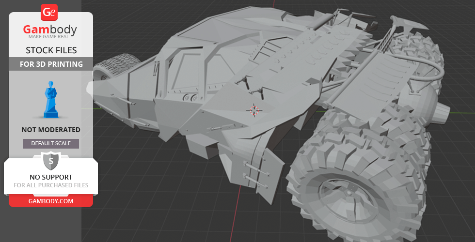 3D model of the Batmobile Tumbler with rugged tires, designed for 3D printing.