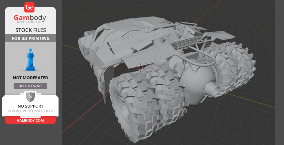 3D model of the Batmobile Tumbler for 3D printing, showing intricate tire and body details.